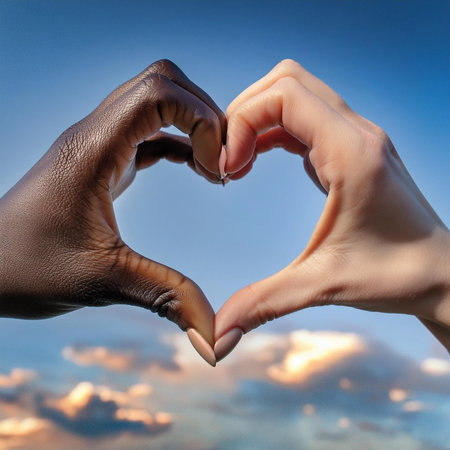 Female hands forming a heart shape with blue sky in the background.の素材