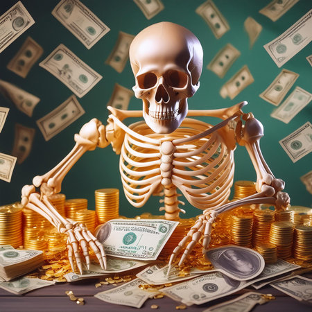 Human skeleton with money on green background. Halloween concept. 3D Renderingの素材