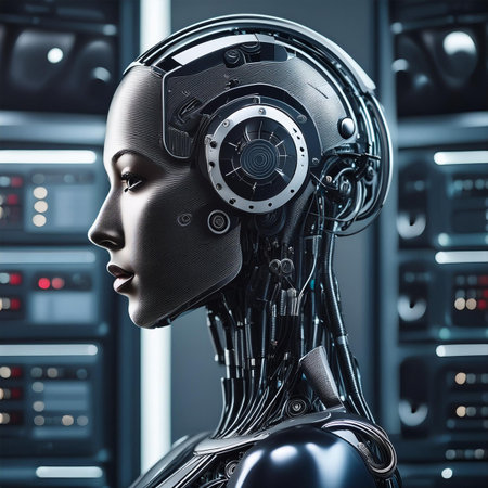 3d rendering humanoid robot face with future technology concept in modern spaceの素材