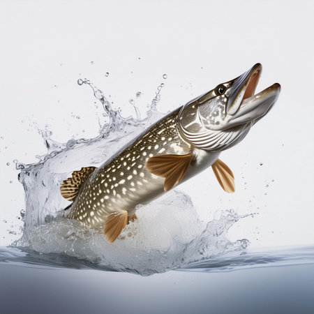 Pike fish jumping out of water with splashes on white backgroundの素材