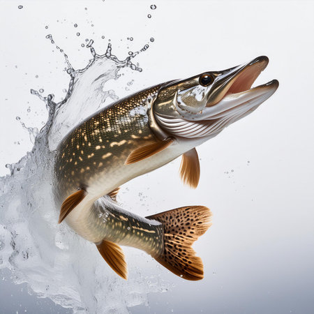 Pike fish in water splashes on a white background. 3d renderingの素材