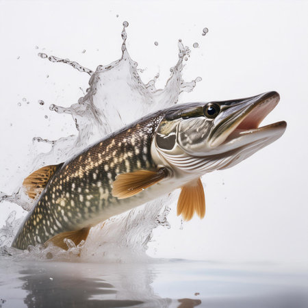 Pike jumping out of water. Isolated on white background.の素材