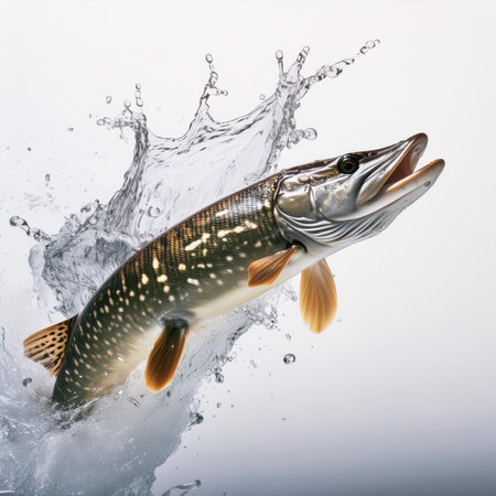Pike fish in water splashes on a white background. 3d renderingの素材