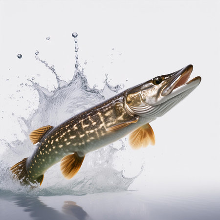 Pike in water splashes on a white background. 3d renderingの素材