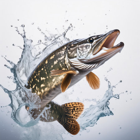 Pike fish in water splash on white background. Fishing concept.の素材
