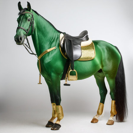 Green horse with a saddle on a white background. Studio shooting.の素材