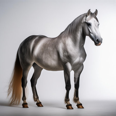 Gray horse with long mane on white background. Studio shot.の素材