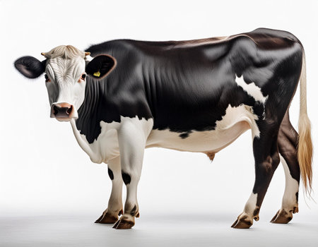 Cow isolated on white background. Cow with black skin and white spotsの素材