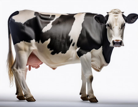 Cow with black and white skin isolated on white background, side viewの素材