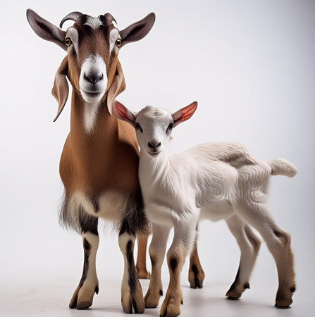 Goat and baby goat on white background, studio shot, side viewの素材