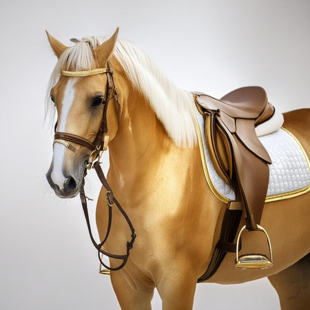 portrait of a horse with bridle on white background in studioの素材