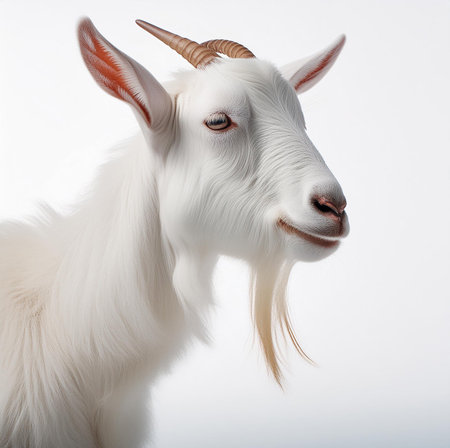 Portrait of a white goat with horns on a white background.の素材