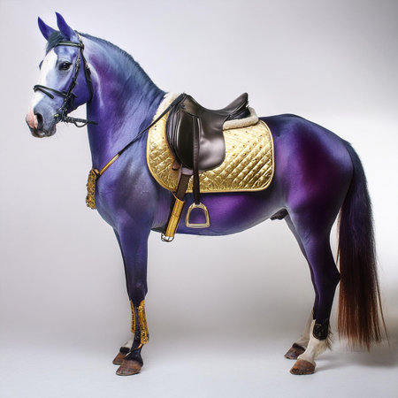 Beautiful purple horse with a saddle on a white background. Photo studioの素材