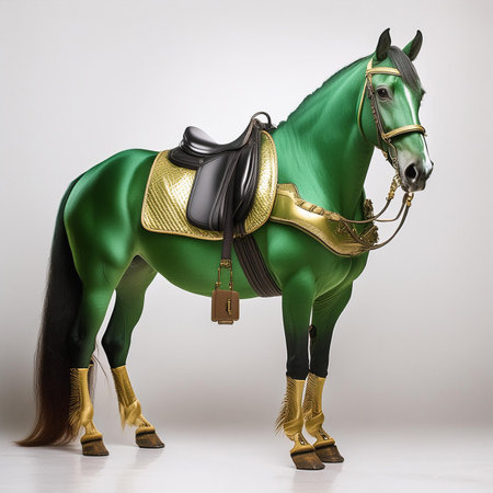 Green horse with gold saddle isolated on white background. 3d illustrationの素材