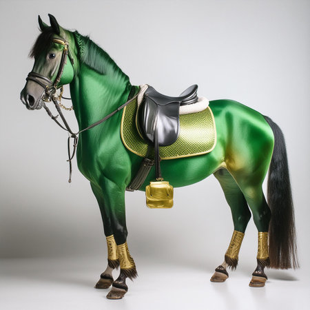 Green horse with green saddle isolated on white background. Studio shot.の素材