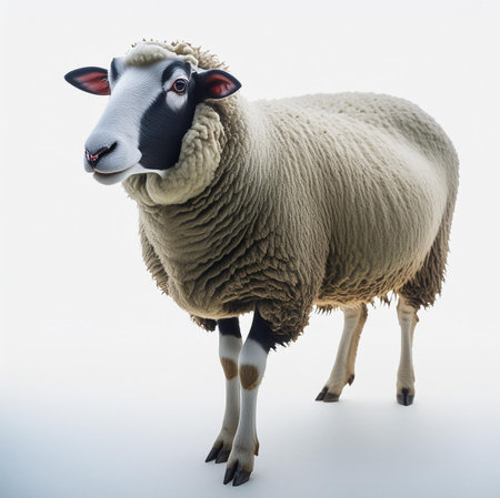 Sheep standing on white background with copy space for your text.の素材