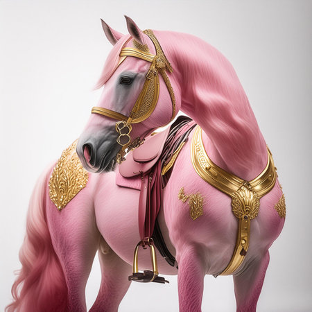 Pink horse with golden belt on gray background. 3d illustration.の素材