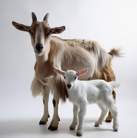 goat and goatling on a white background. studio shot.の素材