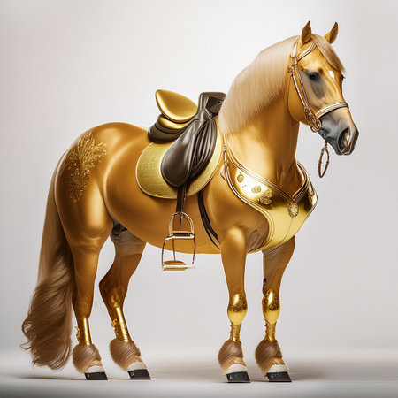 3d illustration of a golden horse with a saddle isolated on white backgroundの素材