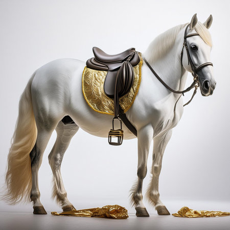 White horse with golden saddle on a white background. Equestrian sportの素材