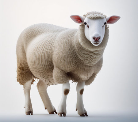 Sheep isolated on a white background, studio shot, side viewの素材