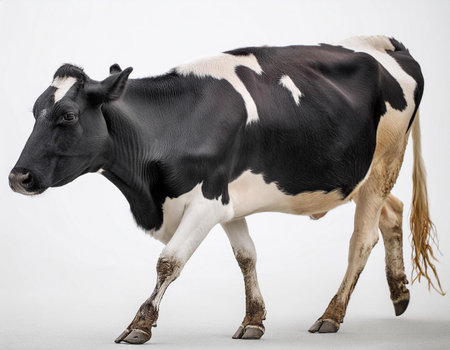Black and white cow isolated on white background, studio shot, side viewの素材