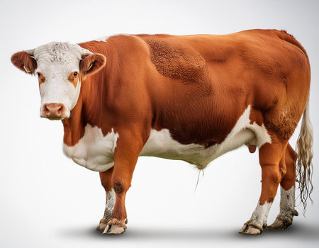 Mother cow with young calf isolated on white background, studio shot.の素材