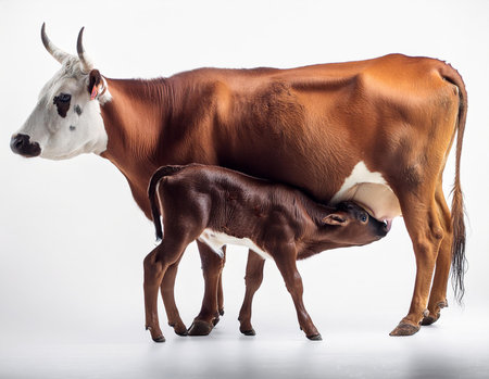 Mother cow with her newborn calf on white background. Studio shot.の素材