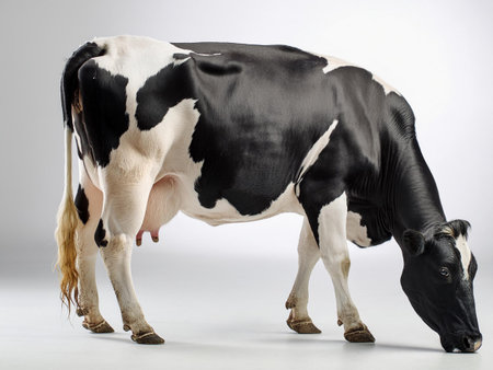 Black and white cow isolated on white background, studio shot, side viewの素材