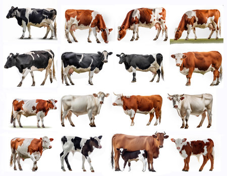Cows isolated on white background. Collection of different types of cows.の素材
