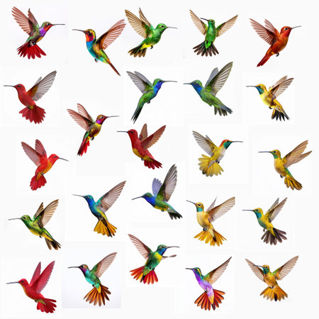 Collage of multicolored hummingbirds isolated on white background.の素材