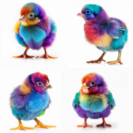 Collection of colorful baby chicken isolated on white background. Studio shot.の素材