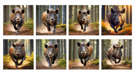 Wild boar in the forest. Collage of wild boar.の素材