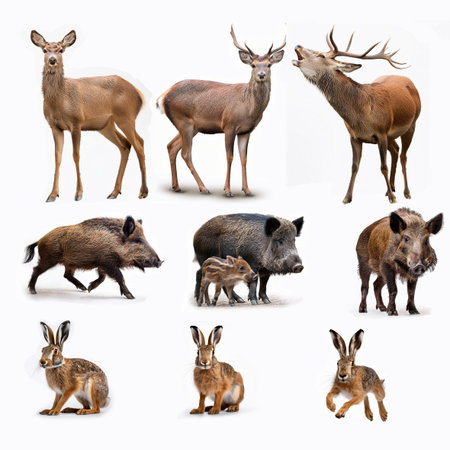 Collage of wild deer and boar isolated on white background.の素材