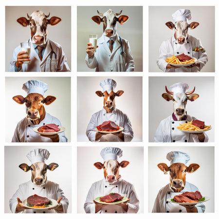 Collage of portraits of a cow chef with a plate of meat.の素材
