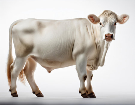 White cow isolated on white background, front view. 3d illustrationの素材