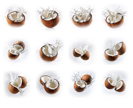 Coconut milk splash isolated on white background. Top view.の素材