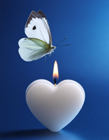 Butterfly on a heart-shaped candle on a blue backgroundの素材