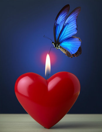 Butterfly on a red heart with a burning candle on a blue backgroundの素材