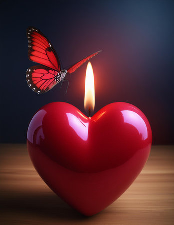 Red heart with a burning candle and a butterfly on a wooden tableの素材