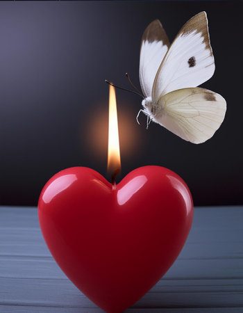 Butterfly on a candle in the shape of a heart.の素材