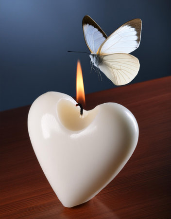 Heart shaped candle and butterfly on wooden table, on dark blue backgroundの素材