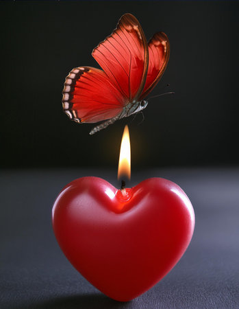 Red heart and butterfly on black background. Valentine's day concept.の素材