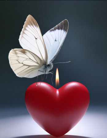 Butterfly on a red heart on a dark background. Valentine's Dayの素材