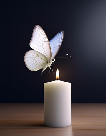 Butterfly on a white candle on a dark background. 3d renderingの素材