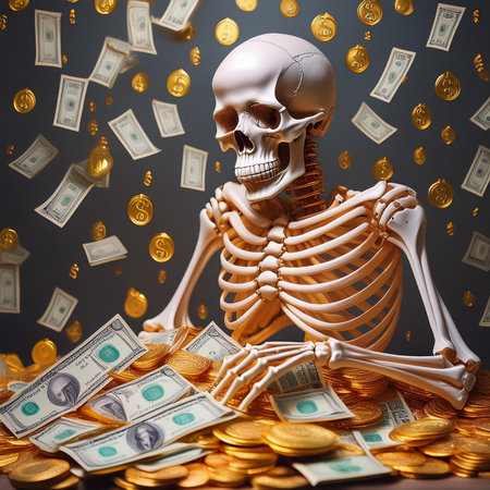 Human skeleton with money, 3d render. Halloween and money conceptの素材