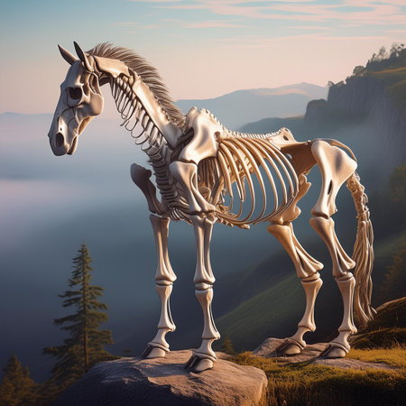 Horse skeleton on the rock in the mountains. 3d renderの素材