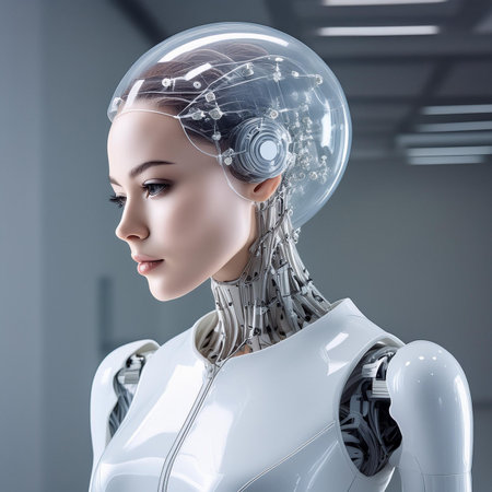 3d rendering of a female robot in a futuristic helmet with artificial intelligenceの素材