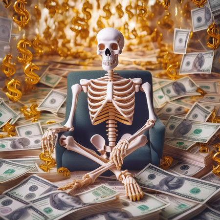 Skeleton sitting on pile of dollar banknotes. Death concept.の素材