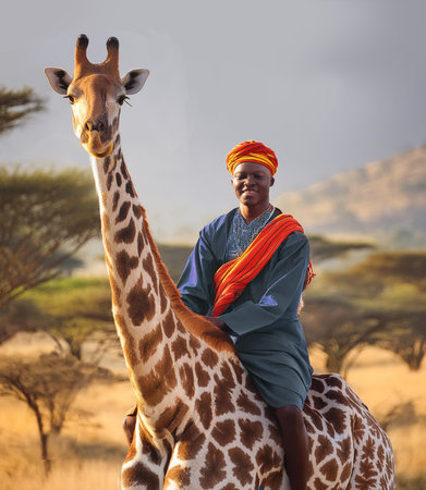 Masai warrior with giraffe in the savanna of Kenya, Africaの素材